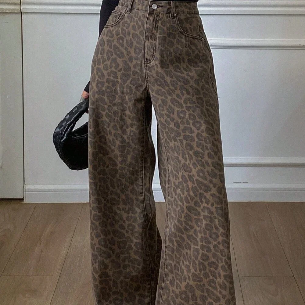 Coffee Brown Casual Women's Loose Leopard Print Cotton Pants - Picture 5 of 9